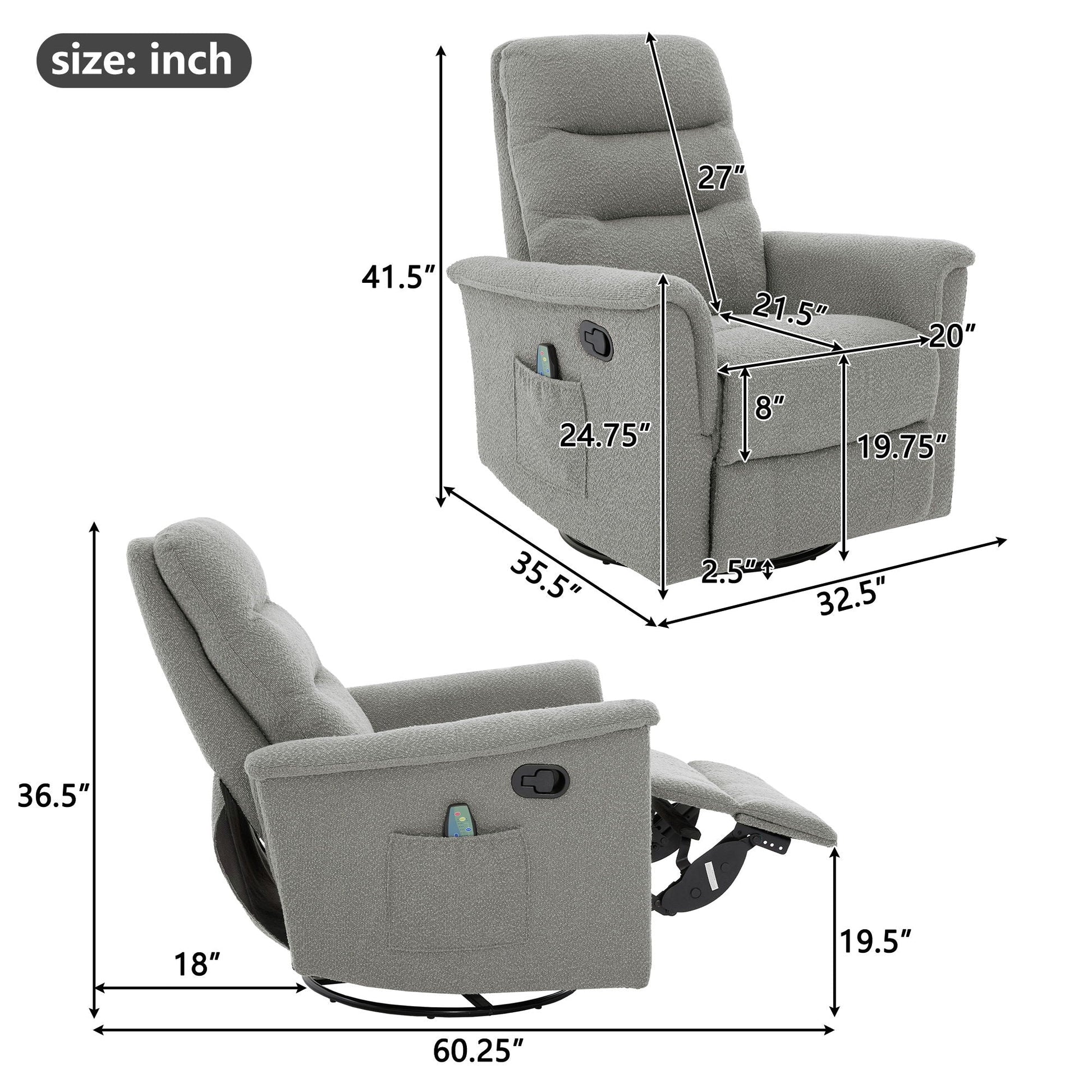 Manual Recliner Chair With 8 Point Massage And Swivel Function Noble House