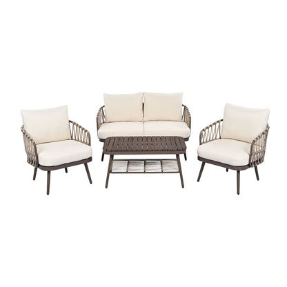 4 Piece Outdoor Patio Furniture Set, Metal Chairs With Woven Rope U Shaped Backrest Noble House