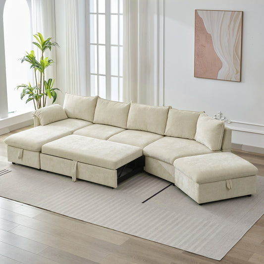 L-Shaped Sofa Sectional Sofa Couch Pull-Out Sofa Bed With A Movable Storage Ottoman, A Storage Chaise Lounge And Two USB Ports For Living Room