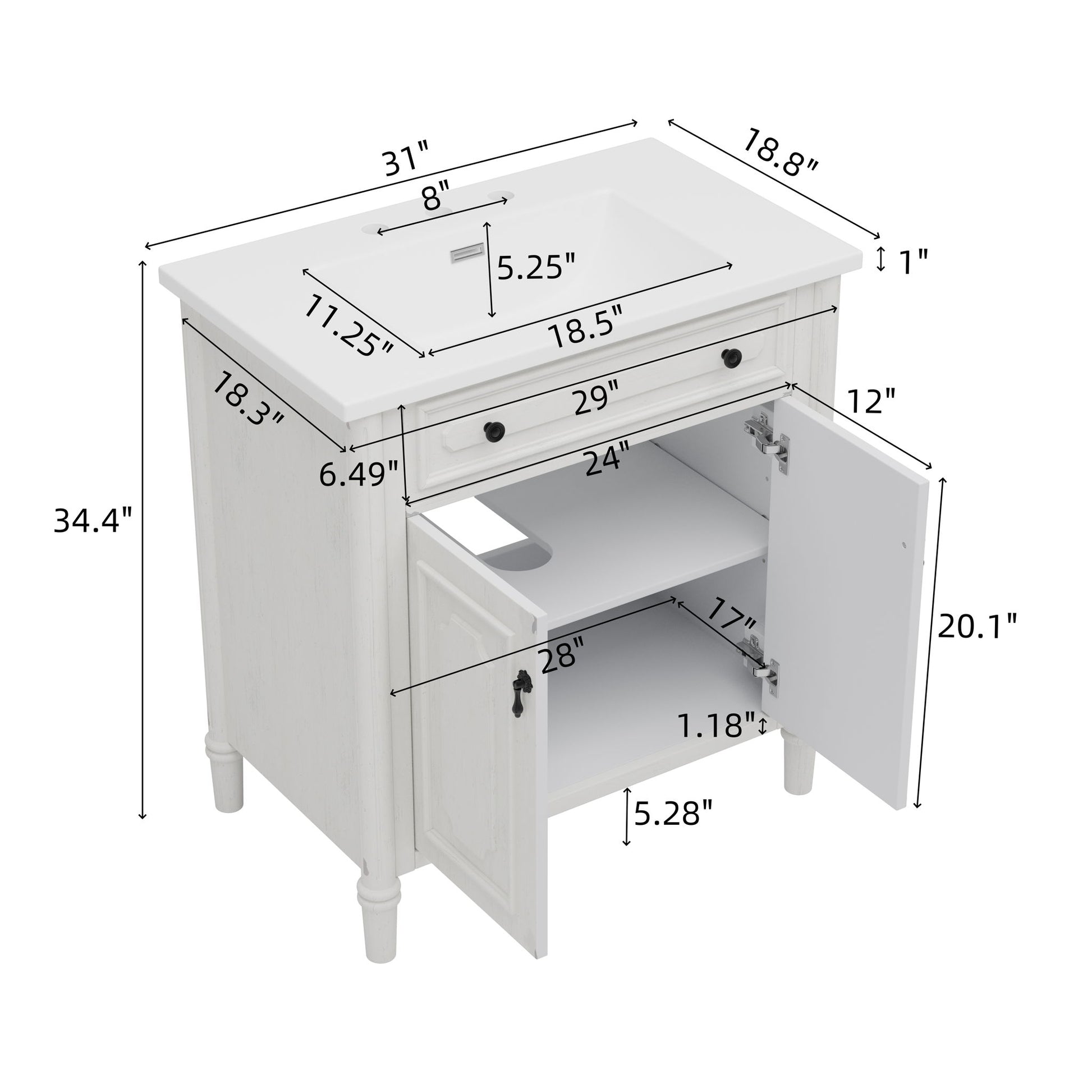 Vintage Bathroom Vanity With Sink, Rustic Cabinet With Soft Close Doors Noble House
