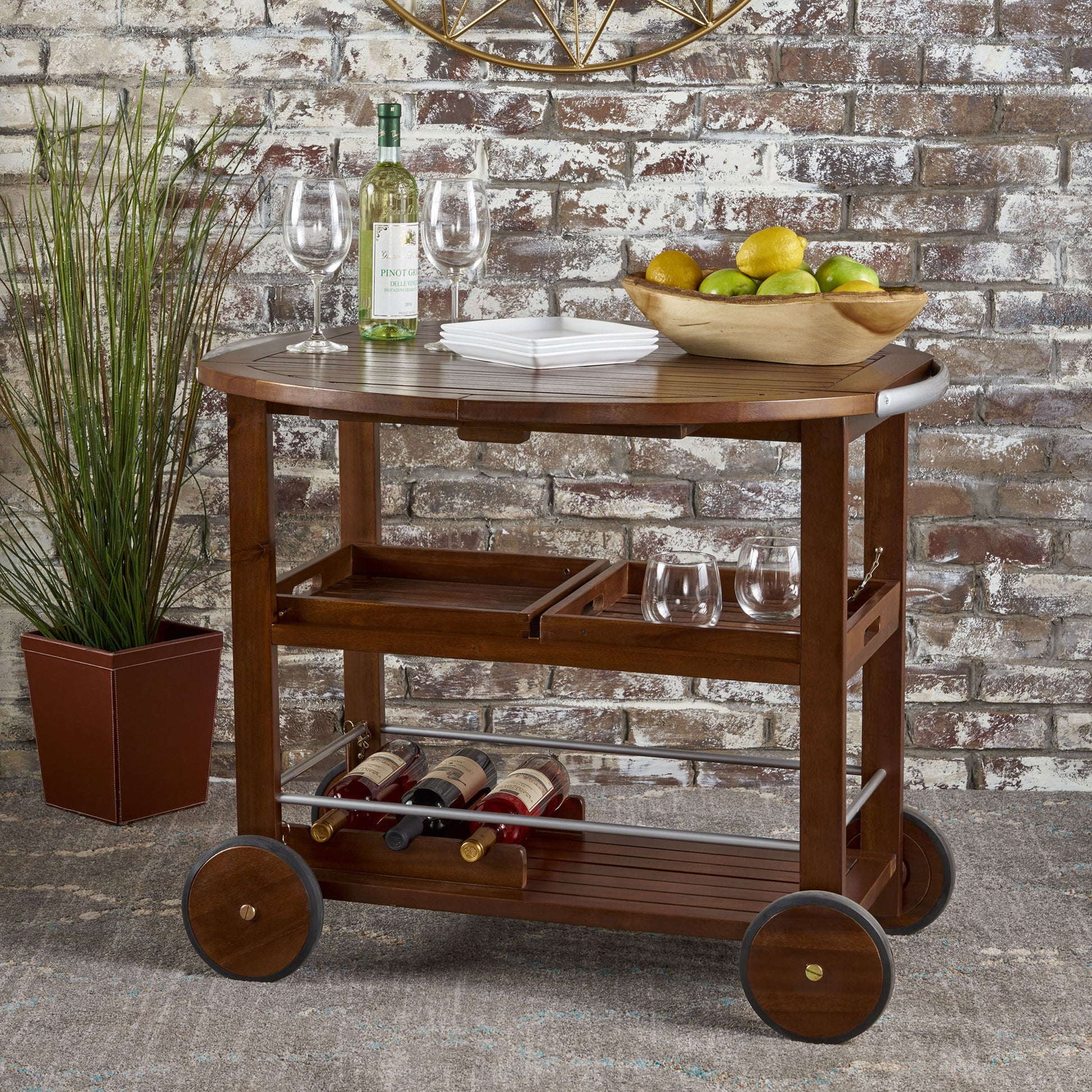 Wood And Aluminum Bar Cart With 2 Shelves - Oak / Silver Noble House