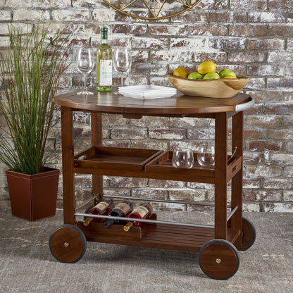 Wood And Aluminum Bar Cart With 2 Shelves - Oak / Silver Noble House