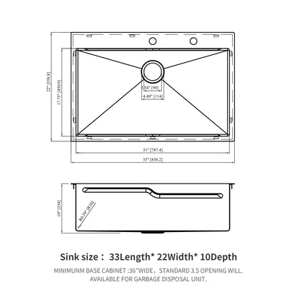 33" Drop In Kitchen Sink With Ledge Workstation, Single Bowl, 16 Gauge Stainless Steel - Black / Gray Daily Nest