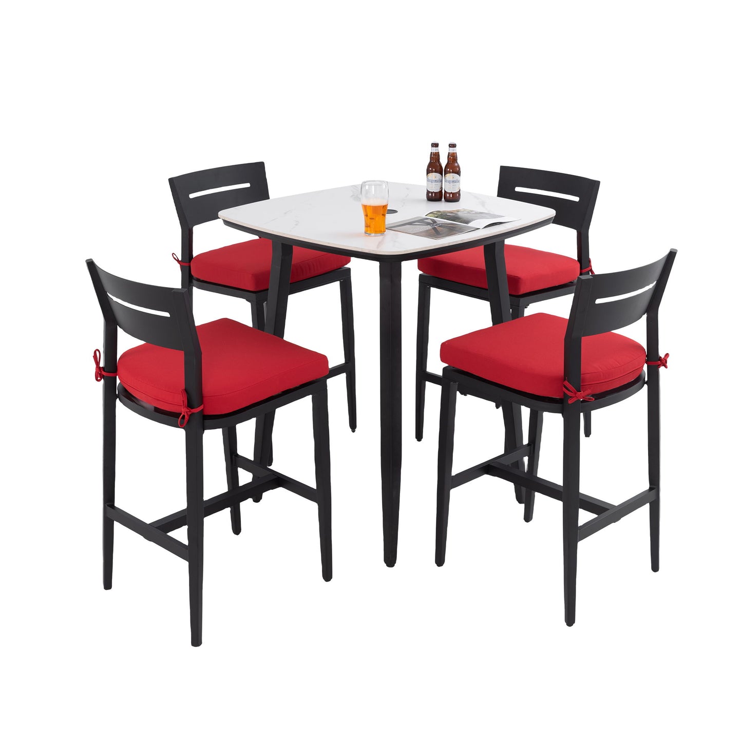 5 Pieces Outdoor Patio Bar Set, Rounded Square Table & 4 Aluminum Bar Stools Life Outside