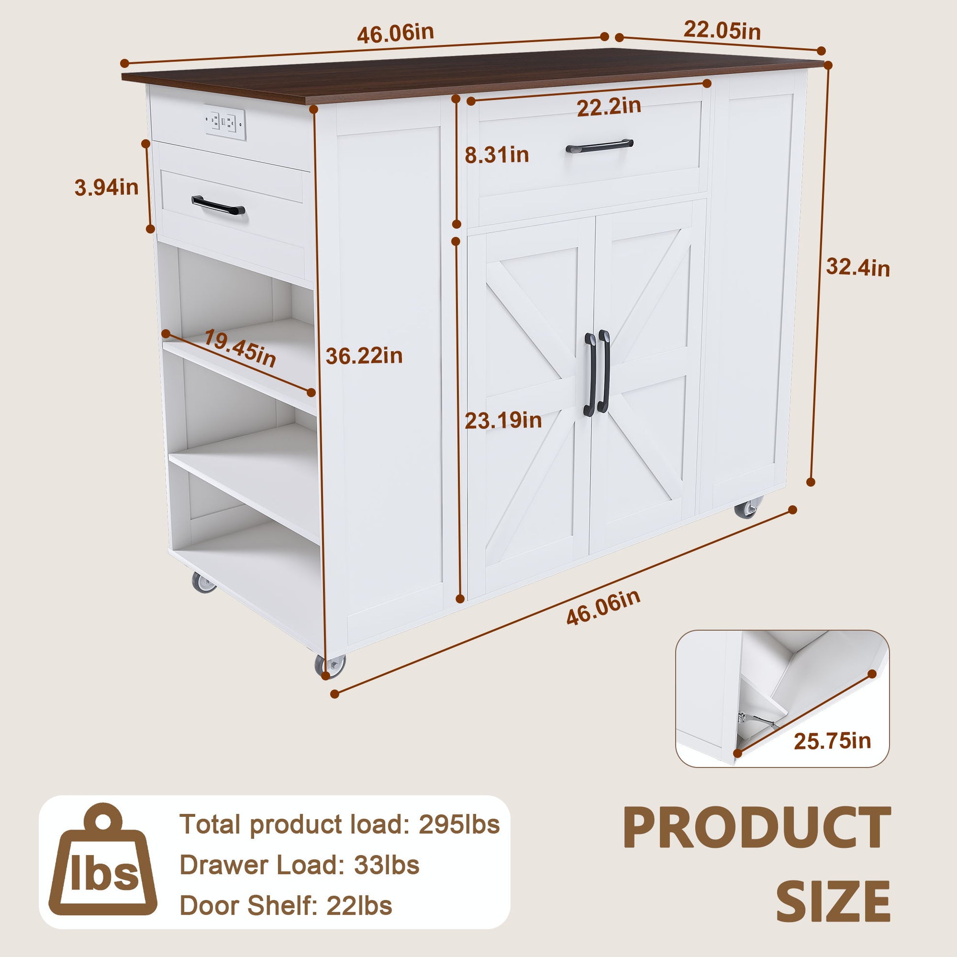 Rustic Movable Kitchen Island On Wheels With Storage & Power Outlet - White Home Essentials