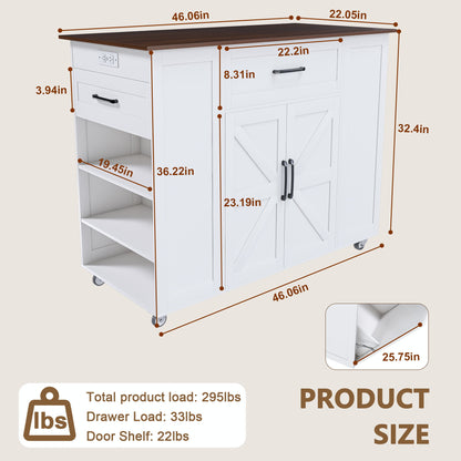 Rustic Movable Kitchen Island On Wheels With Storage & Power Outlet - White Home Essentials