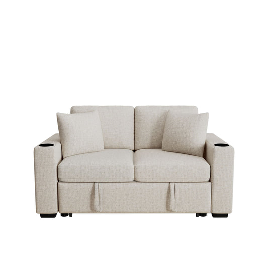 Modern 2 Seater Loveseat Sofa With Pull-Out Bed, Fabric, Built-In USB Ports & Cup Holders Hearth and Haven