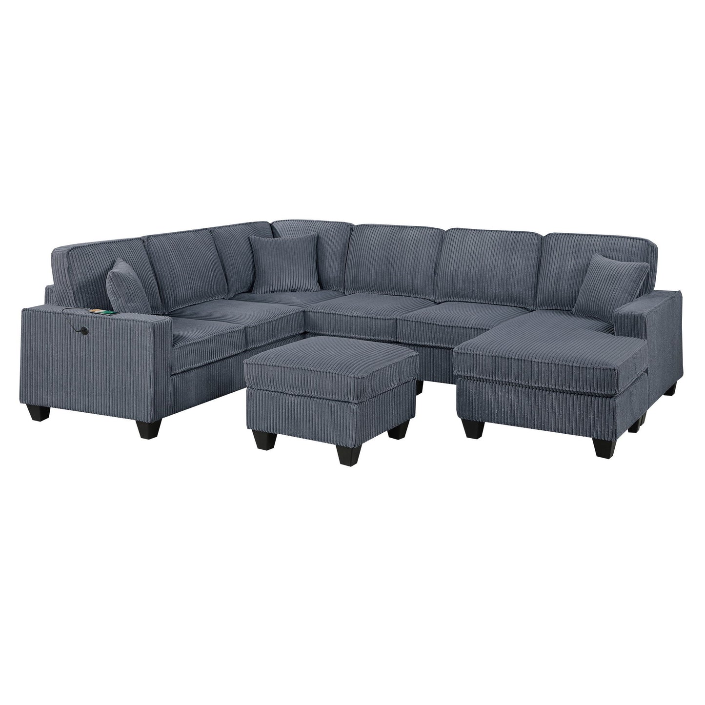Left Arm Facing Loveseat With USB Port 5 Piece Sectional Set Corner Wedge Armless Chair Cocktail Ottoman Upholstered Living Room Furniture - Dark Gray Home Essentials