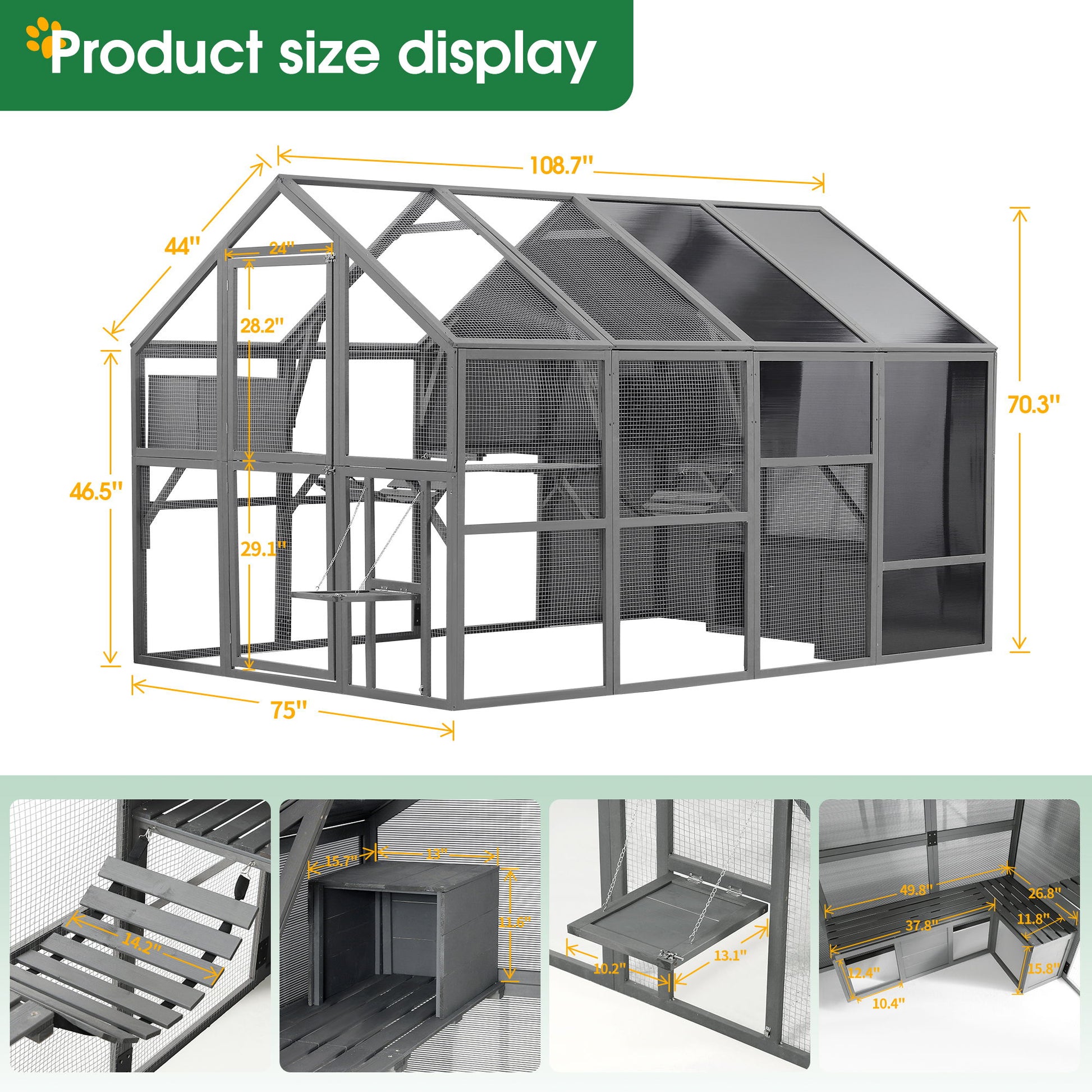 Luxury Cat Cage Outdoor Wooden Catio Enclosure Patio Large Cat Run House For Multiple Pets Walk In Kitten Kennel With Bouncy Bridge, Platforms, Small Houses, Seating And Sunshine Panel - Gray Daily Nest