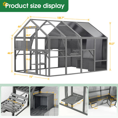 Luxury Cat Cage Outdoor Wooden Catio Enclosure Patio Large Cat Run House For Multiple Pets Walk In Kitten Kennel With Bouncy Bridge, Platforms, Small Houses, Seating And Sunshine Panel - Gray Daily Nest
