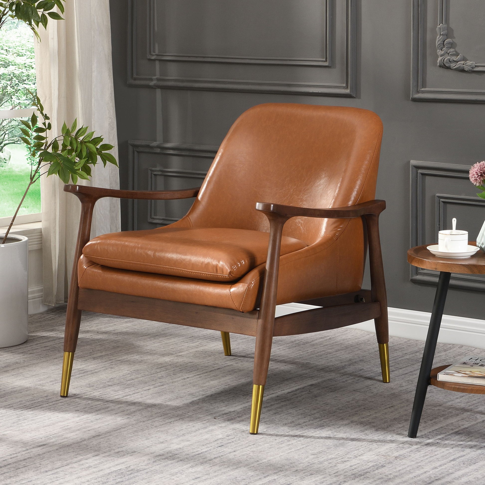 Mid - Century Accent Chair With Cushioned Seat, Brass Tipped Legs Noble House