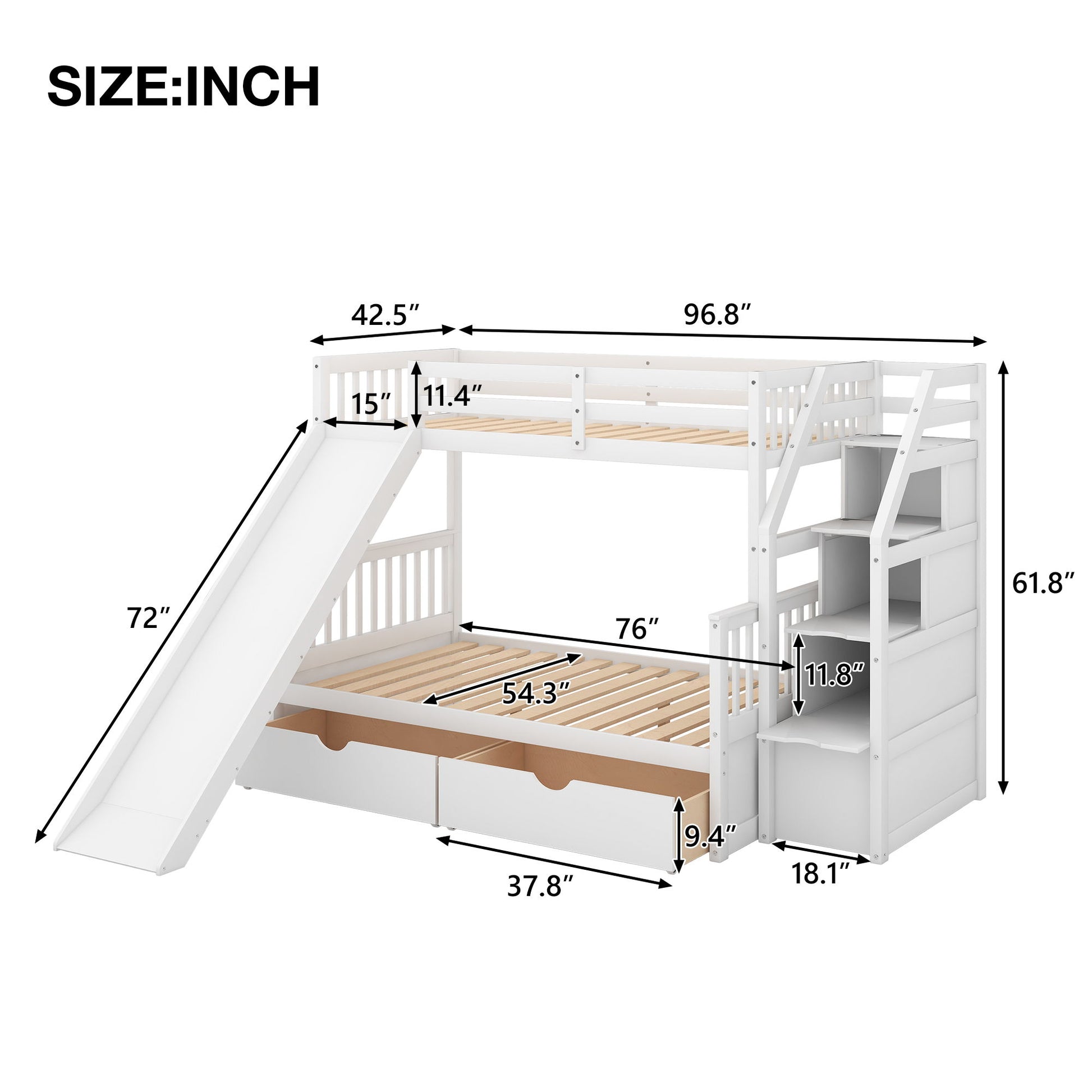 Bunk Bed With Storage Staircase, Slide, Desk, Drawers, And Shelves Hearth and Haven