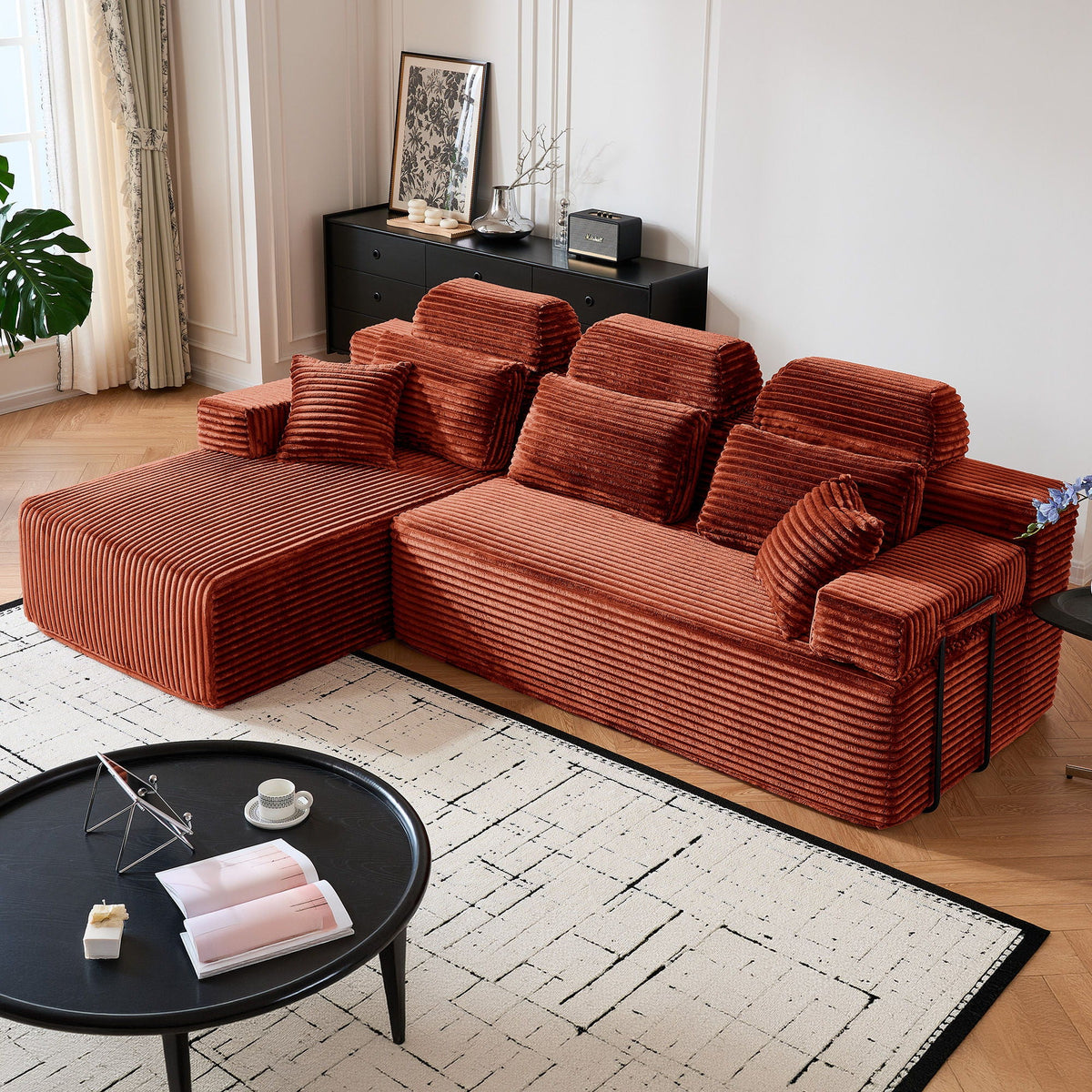 Sectional Sleeper Sofa & Storage Pockets, Modular Couch With Throw Pillows For Living Room Home Essentials