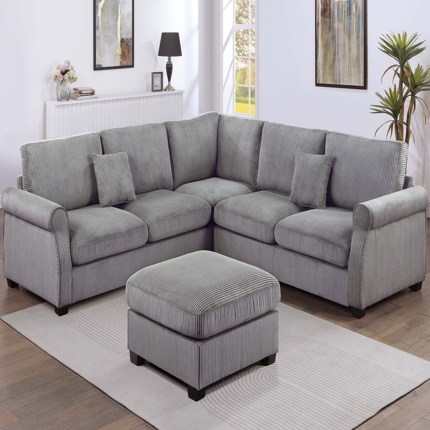 Modern Sectional Set With Corner Wedge, Loveseat, Ottoman & 2 Pillows Home Essentials