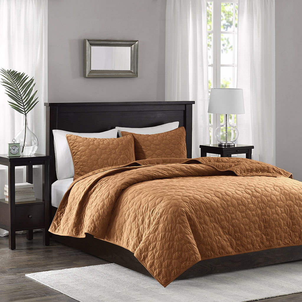 Harper - 3 Piece Velvet Quilt Set Full - Orange Madison Park