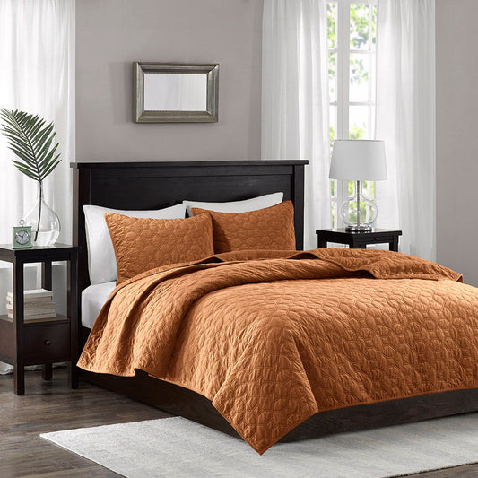 Harper - 3 Piece Velvet Quilt Set Full - Orange Madison Park