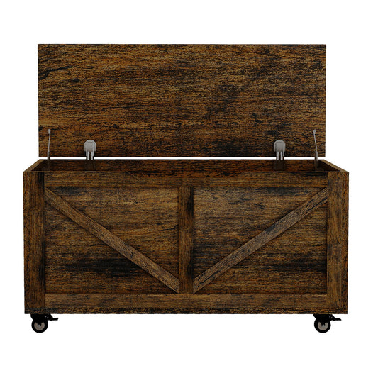 Rustic Wooden Storage Chest With Wheels And Safety Hinge, 300 Lb Capacity - Rustic Brown