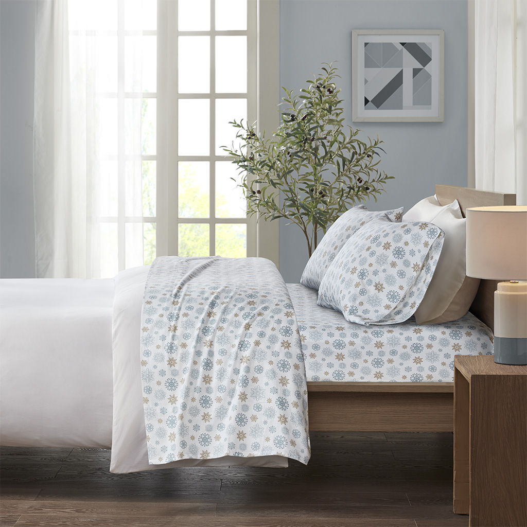 King Cozy Sheet Set - Tan / Blue Snowflakes