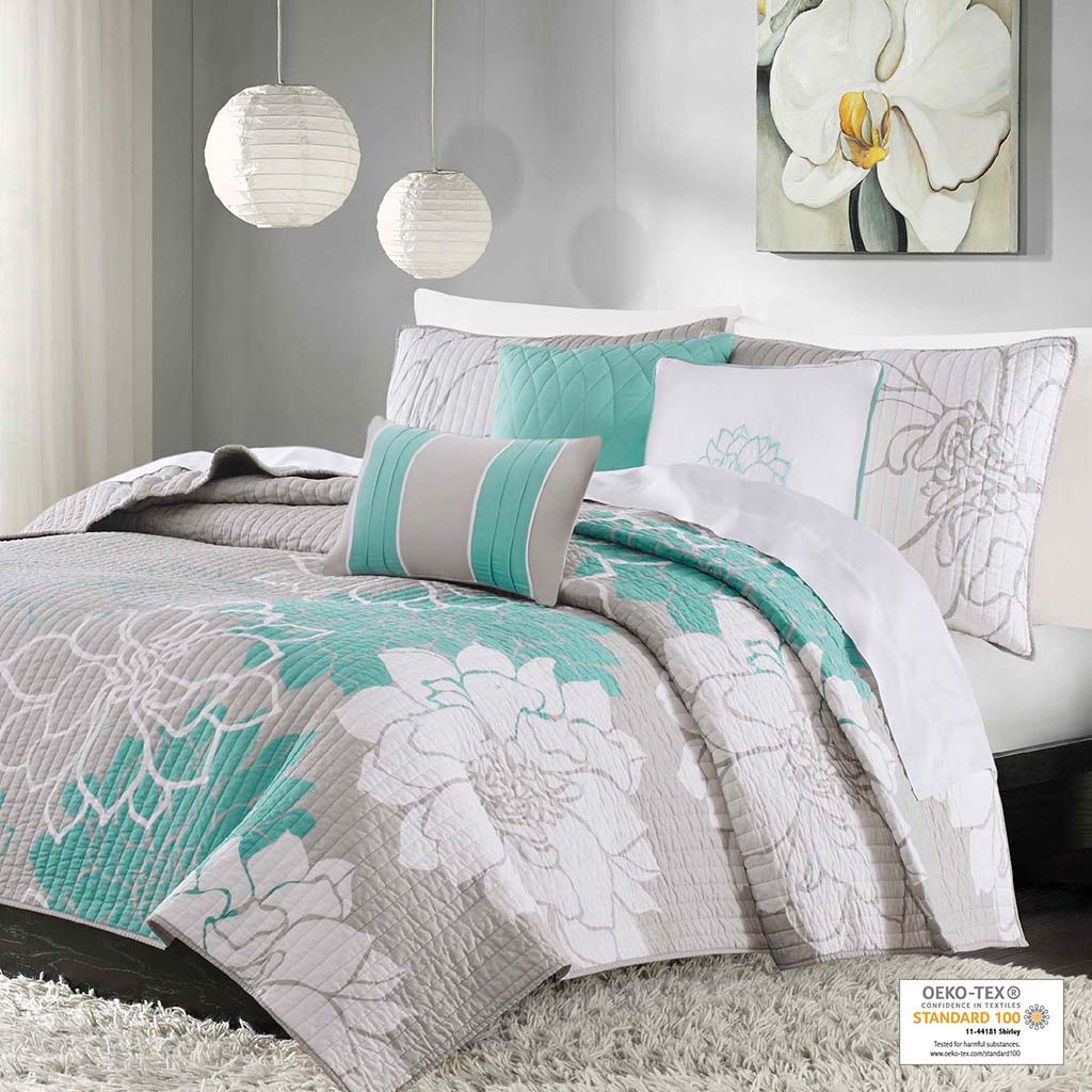 Lola - King 6 Piece Reversible Printed Coverlet Set - Aqua Madison Park