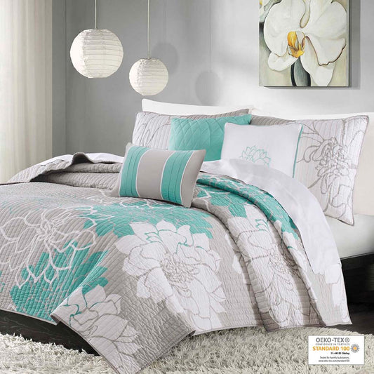 Lola - King 6 Piece Reversible Printed Coverlet Set - Aqua