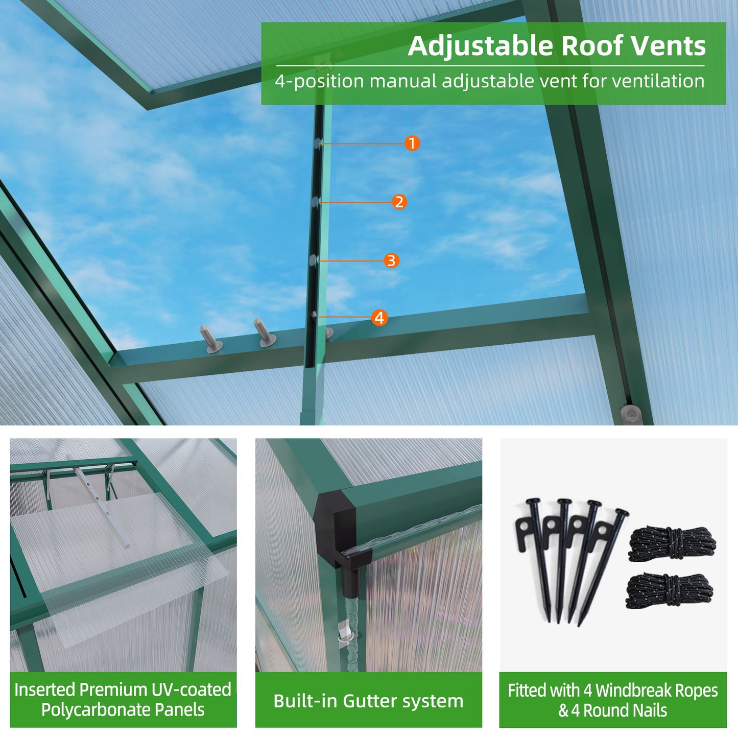 Polycarbonate Walk-In Greenhouse, Raised Base For Outdoor In All Season Daily Nest