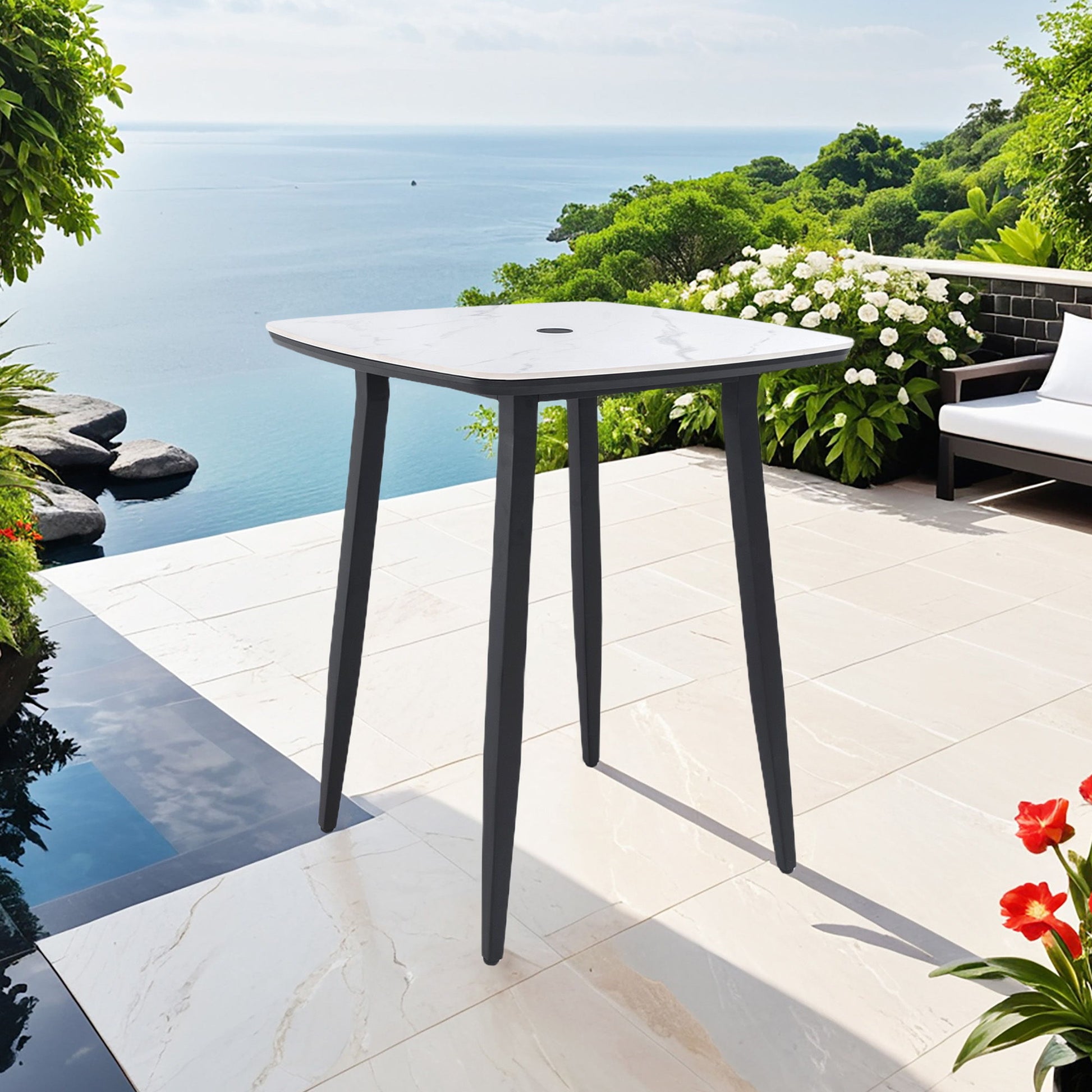 Modern Outdoor Bar Table, Rounded Square Sintered Stone Top With Umbrella Hole, Rust Free Frame, Weatherproof - Ember Black / White Life Outside