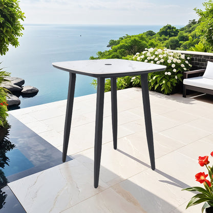 Modern Outdoor Bar Table, Rounded Square Sintered Stone Top With Umbrella Hole, Rust Free Frame, Weatherproof - Ember Black / White Life Outside