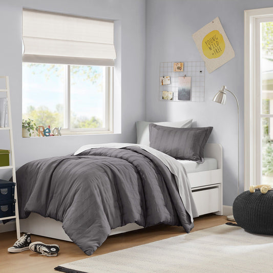 Logan - Twin/Twin Long Striped Comforter Set - Charcoal Super Listing
