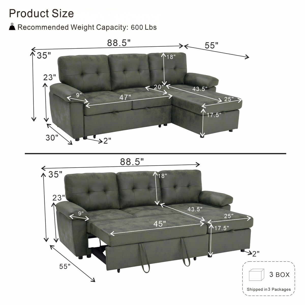 Convertible L - Sectional Sofa Bed With Storage Chaise And Padded Armrests Home Essentials