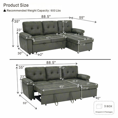 Convertible L - Sectional Sofa Bed With Storage Chaise And Padded Armrests Home Essentials