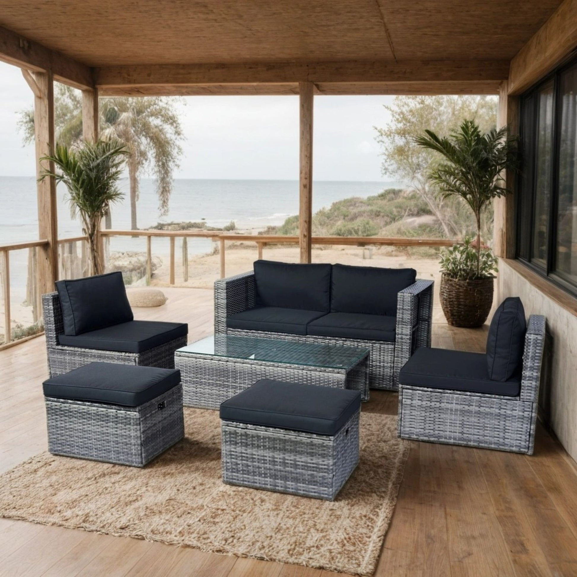 6 Piece Patio Wicker Sectional Set Patio Backyard Conversation Set Space Saving - Gray / Black Home Essentials