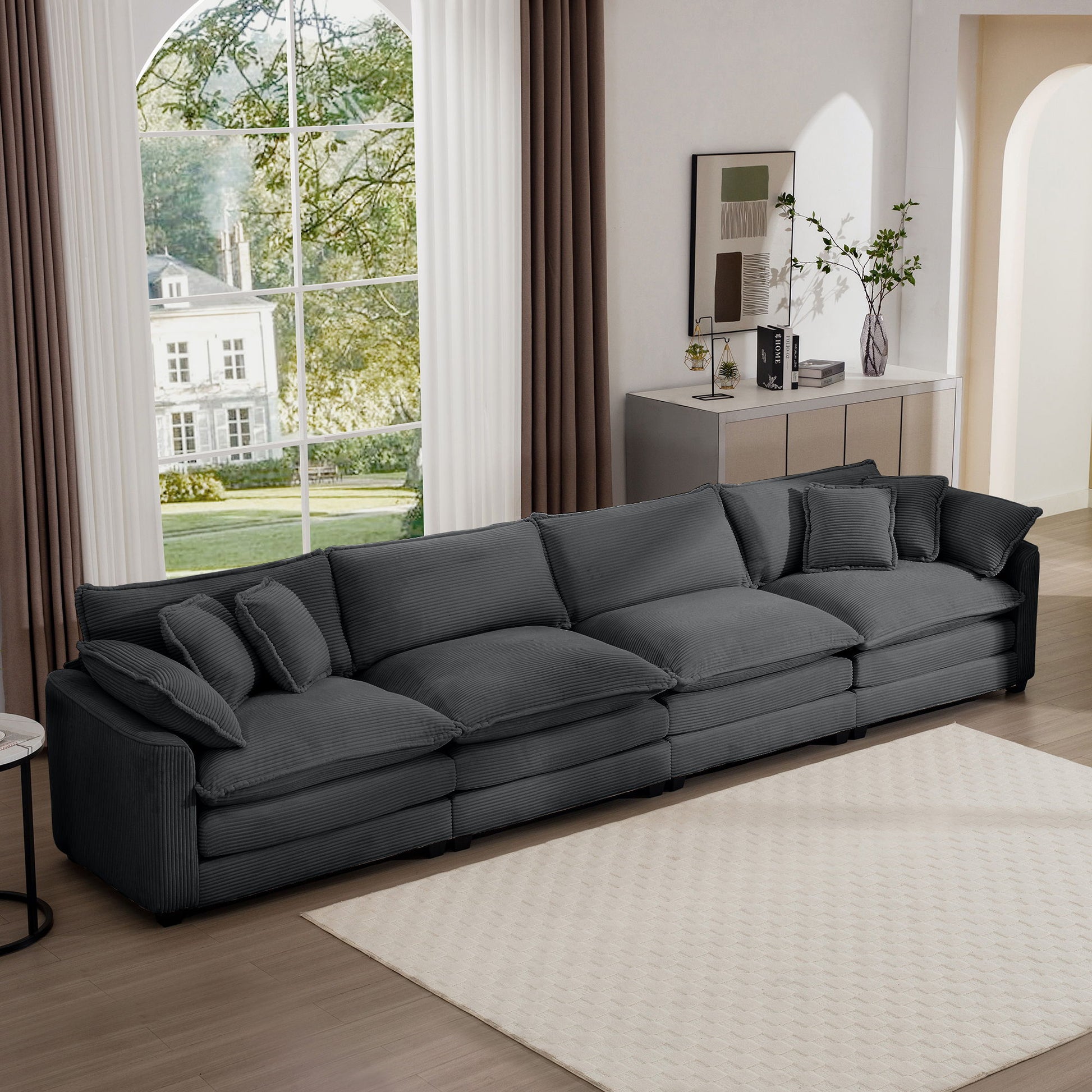 Modern Upholstered 4 Seater Fabric Sofa With Arm And Throw Pillows Home Essentials