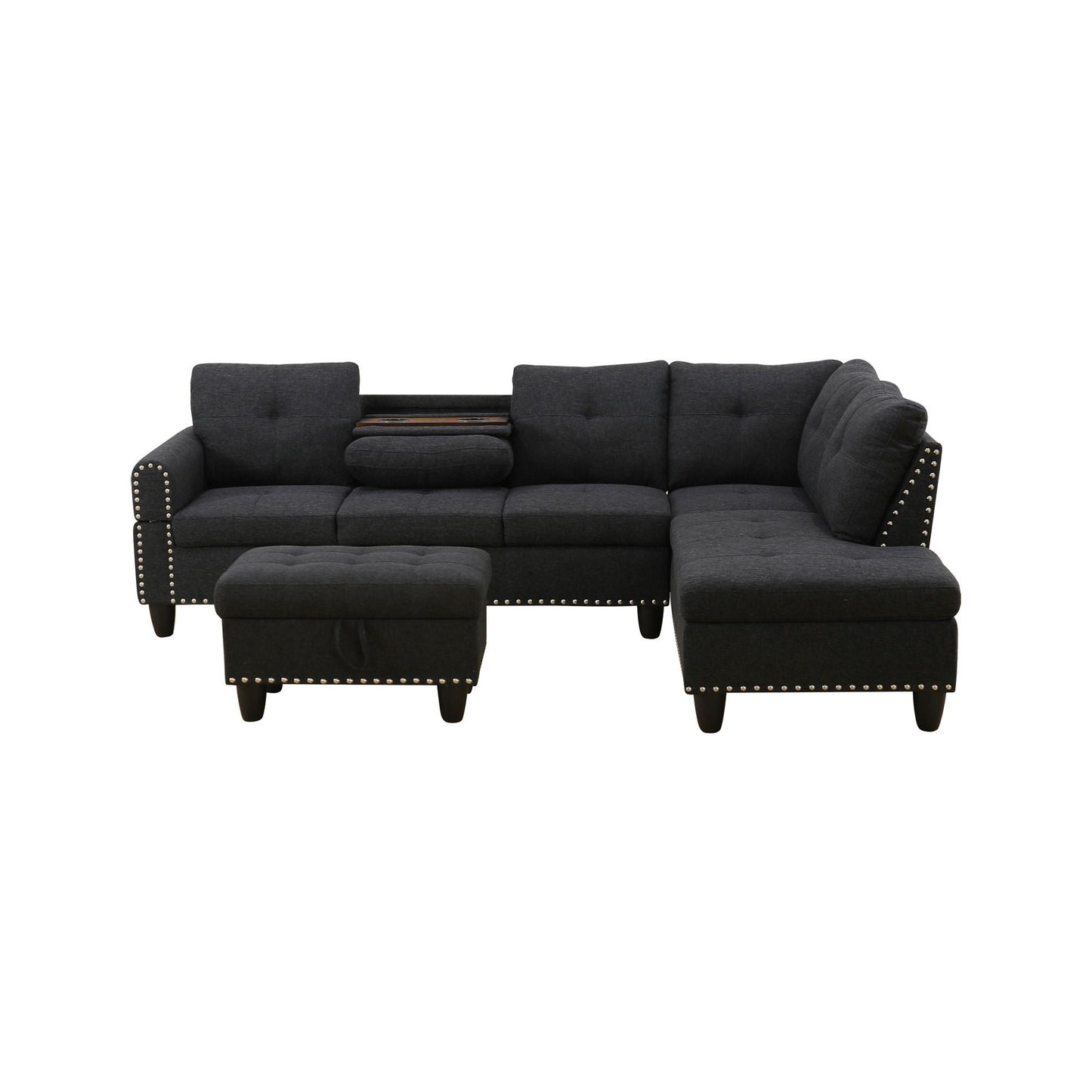 L - Shaped 3 Piece Sectional Sofa With Chaise, Storage Ottoman & Cup Holders Home Essentials