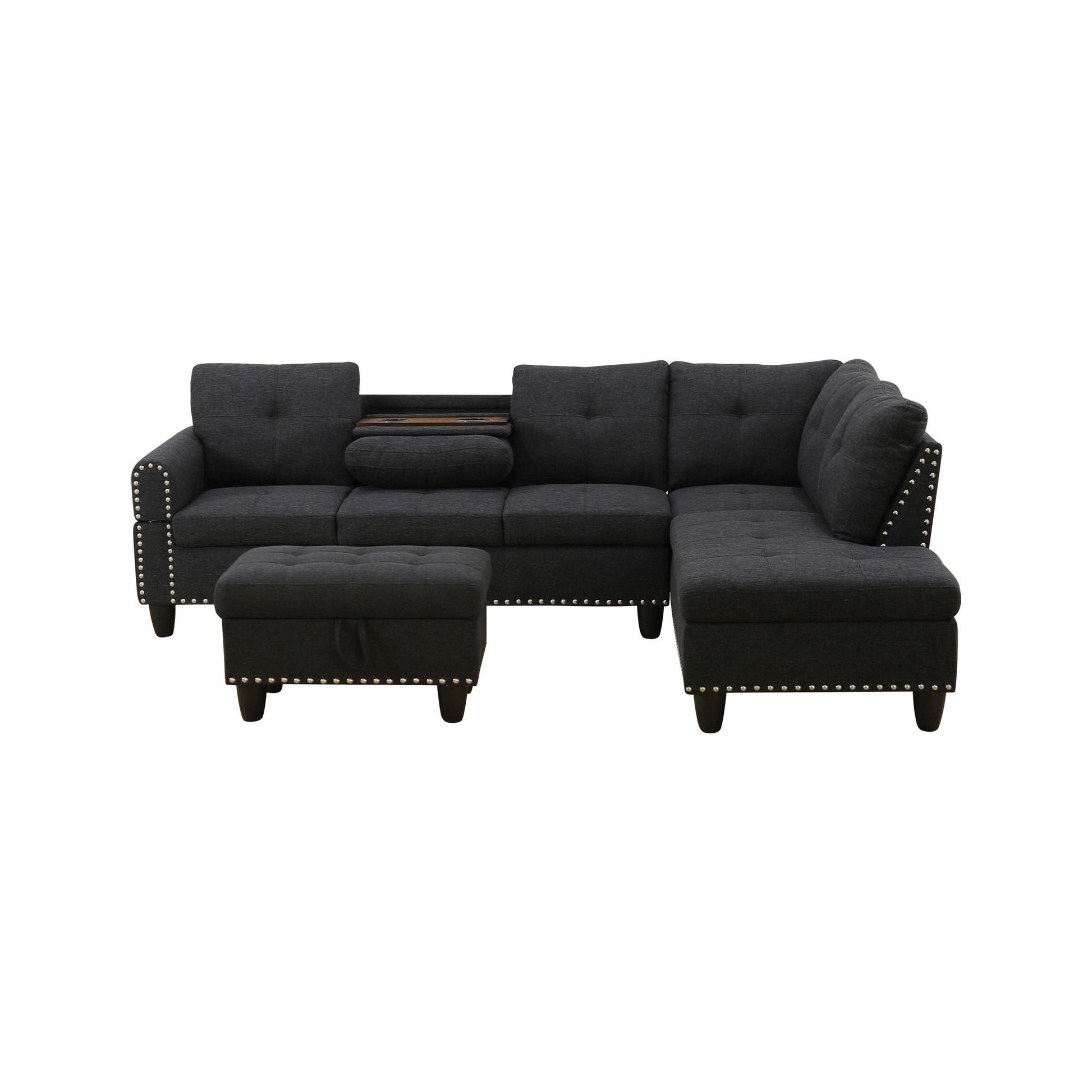 L - Shaped 3 Piece Sectional Sofa With Chaise, Storage Ottoman & Cup Holders Home Essentials