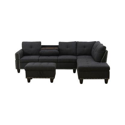 L - Shaped 3 Piece Sectional Sofa With Chaise, Storage Ottoman & Cup Holders Home Essentials