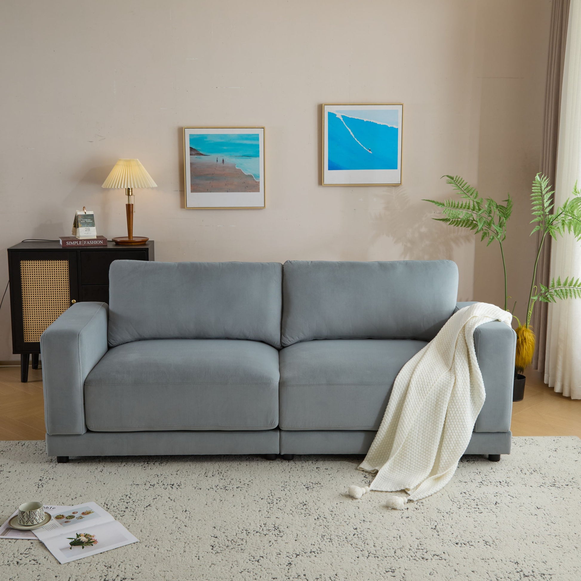 Modern Square Arm Sofa With Soft Fabric Upholstery, Deep Cushions Noble House