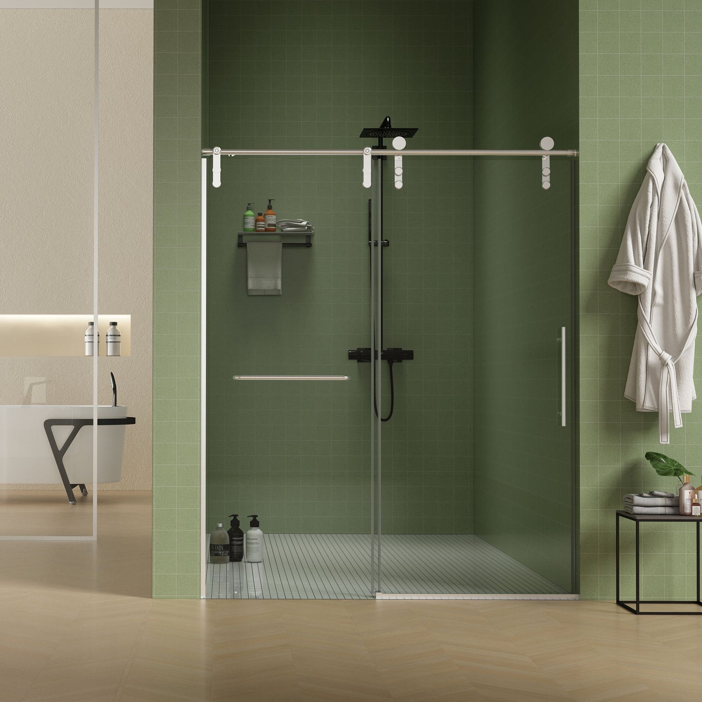 Frameless Shower Door, Sliding Shower Door, Premium 5 / 16" (8 Mm) Thick Tempered Glass Shower Enclosure With Towel Bar, Double Side Easy Clean Coat, Finished With Buffer Daily Nest