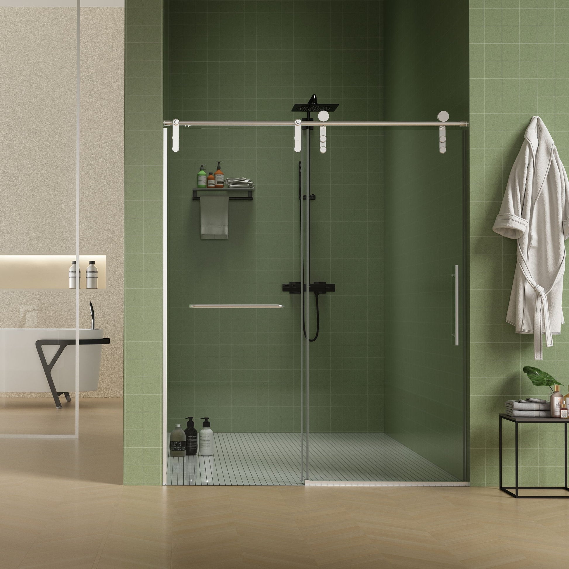 Frameless Shower Door, Sliding Shower Door, Premium 5 / 16" (8 Mm) Thick Tempered Glass Shower Enclosure With Towel Bar, Double Side Easy Clean Coat, Finished With Buffer Daily Nest