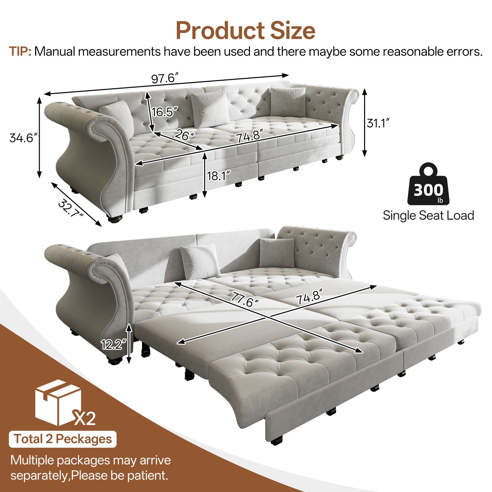 Oversized Chesterfield Pull Out Sofa Bed, Roll Arm Couch With Flower Tufting For Living Room Home Essentials