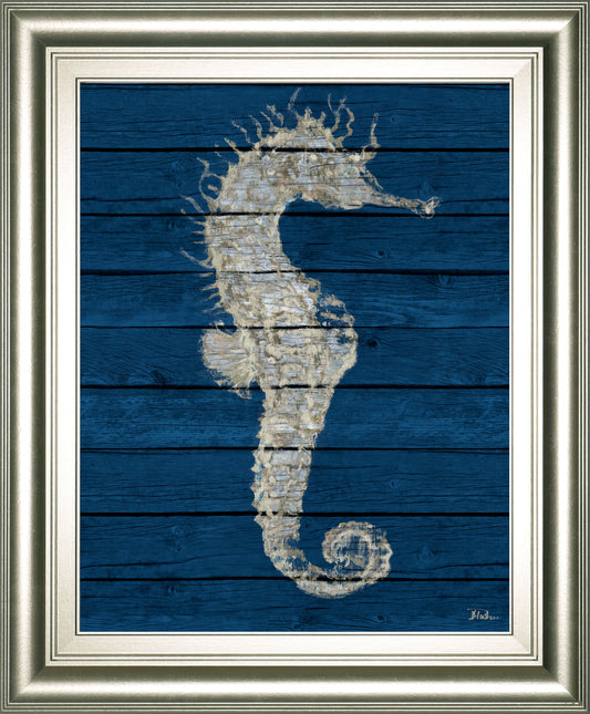 Antique Seahorse On Blue I By Patricia Pinto - Framed Print Wall Art - Blue