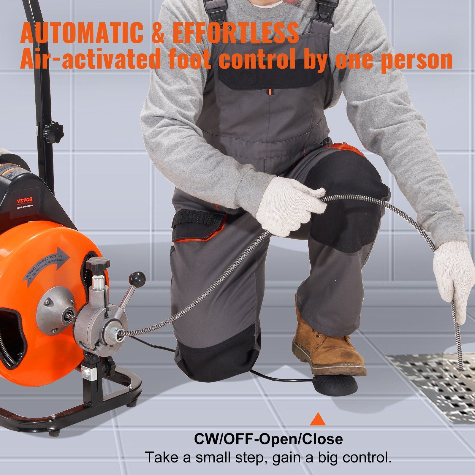 Drain Cleaning Machine 100Ft X 3/8" Auto Feed Sewer Snake - Orange Daily Nest