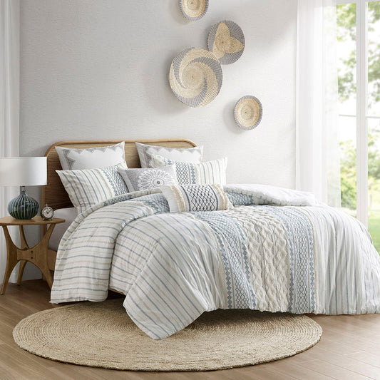 Imani - Cotton Printed Comforter Set With Chenille - White/Navy