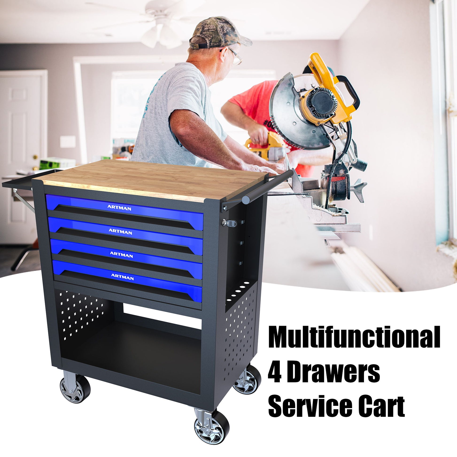 4 Drawers Multifunctional Tool Cart With Wheels And Wooden Top Daily Nest