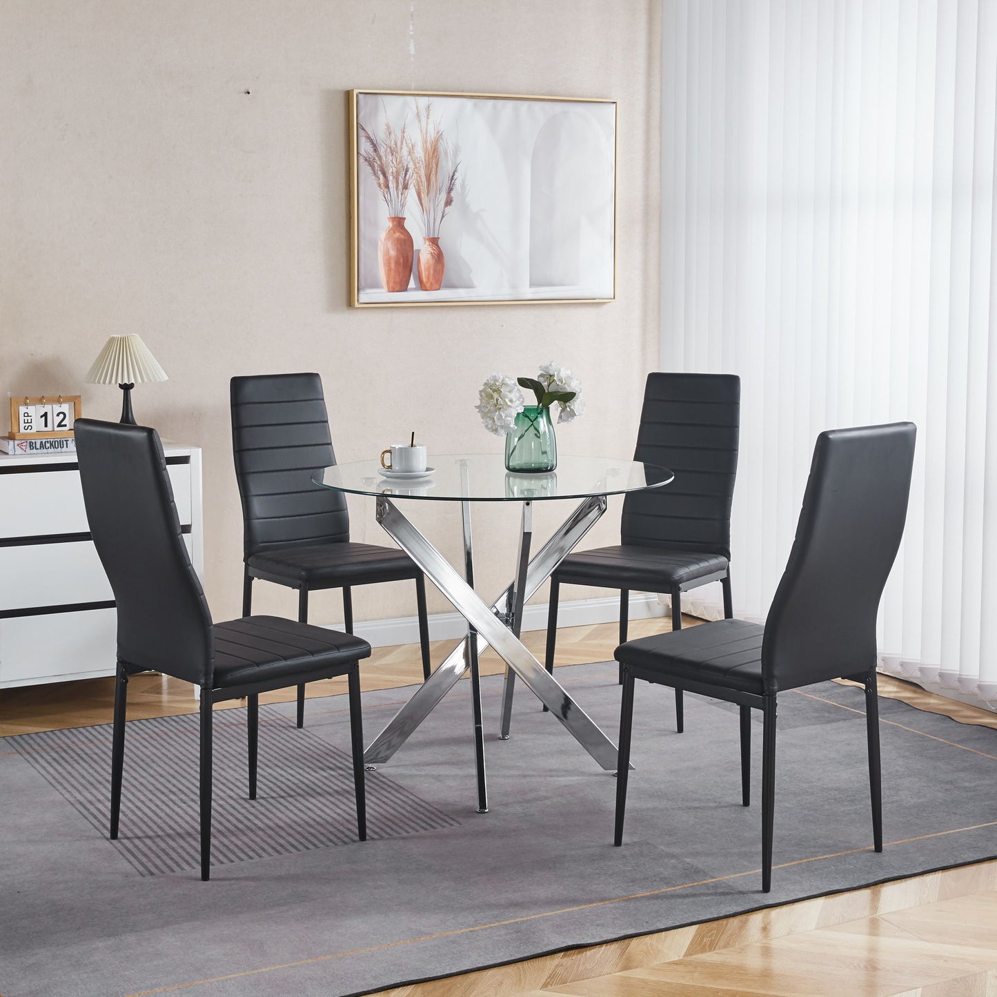 5 Pieces Dining Set, Table Metal Leg Mid-Century Dining Table For 4 - 6 People With Glass Table Top, Pedestal Dining Table