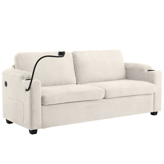 Corduroy Sleeper Sofa Loveseat Sofa With Full Size Mattress, 2 USB Ports, 2 Cup Holders, 2 Side Pockets And Phone Holder Hearth and Haven
