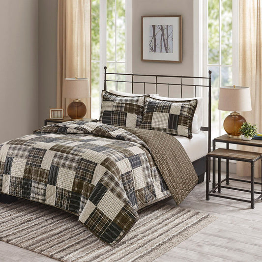 Timber - King 3 Piece Reversible Printed Coverlet Set - Black / Brown