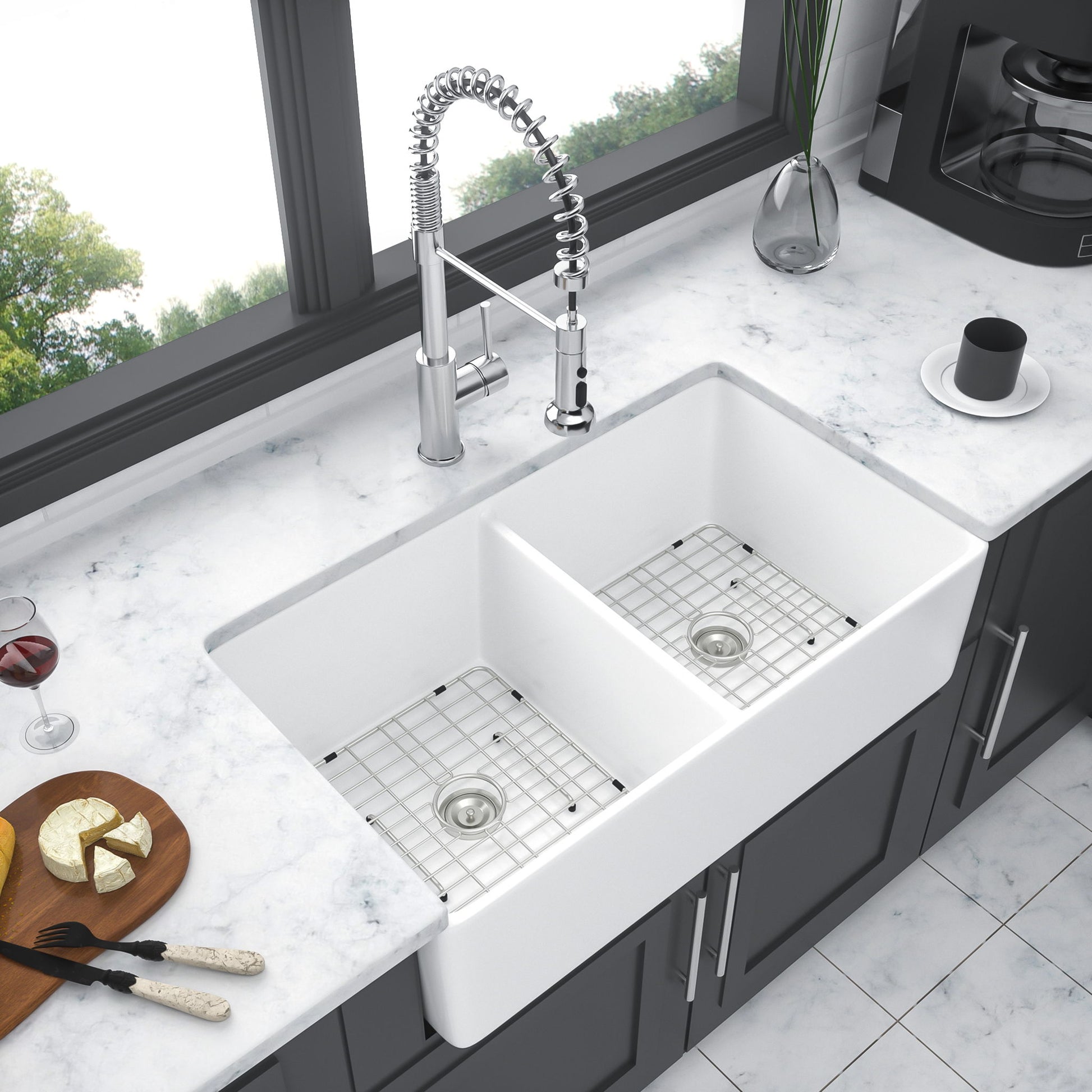 Double Bowl Apron Front Kitchen Sink 32", Sturdy And With Scratch Resistant - White Daily Nest