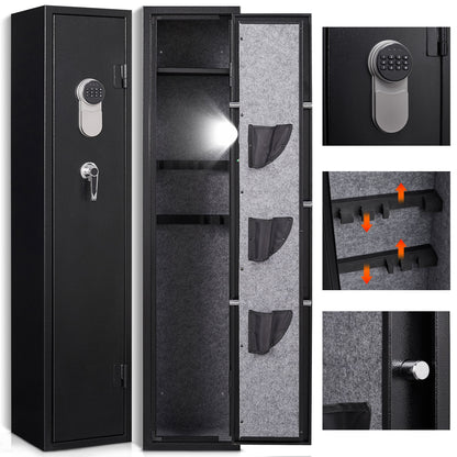 3 - 5 Gun Safes For Home Rifle And Pistols, Quick Access Safes For Shotguns, Cabinets With Adjustable Rack, Pockets And Removable Shelf, External Battery Cases And Alarm System - Black