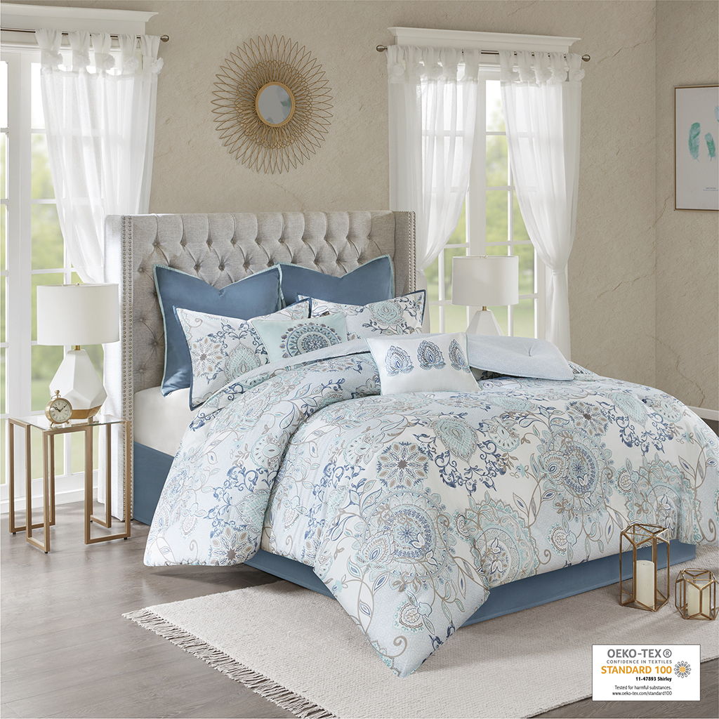 Isla - Queen 8 Piece Printed Reversible Comforter Set - Blue Madison Park