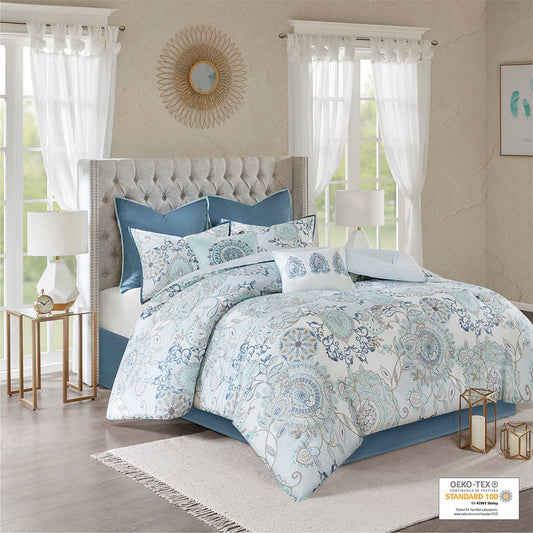 Isla - Queen 8 Piece Printed Reversible Comforter Set - Blue Madison Park